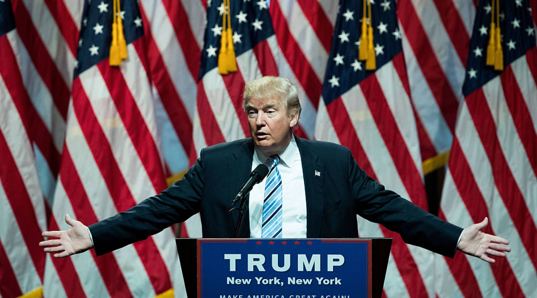 NEW YORK, NY - JULY 16: Republican presidential candidate Donald Trump speaks before introducing his newly selected vice presidential running mate Mike Pence, governor of Indiana, during an event at the Hilton Midtown Hotel, July 16, 2016 in New York City. On Friday, Trump announced on Twitter that he chose Pence to be his running mate. (Photo by Drew Angerer/Getty Images)